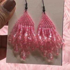 Elegant Pink Beaded Chandelier Earrings
